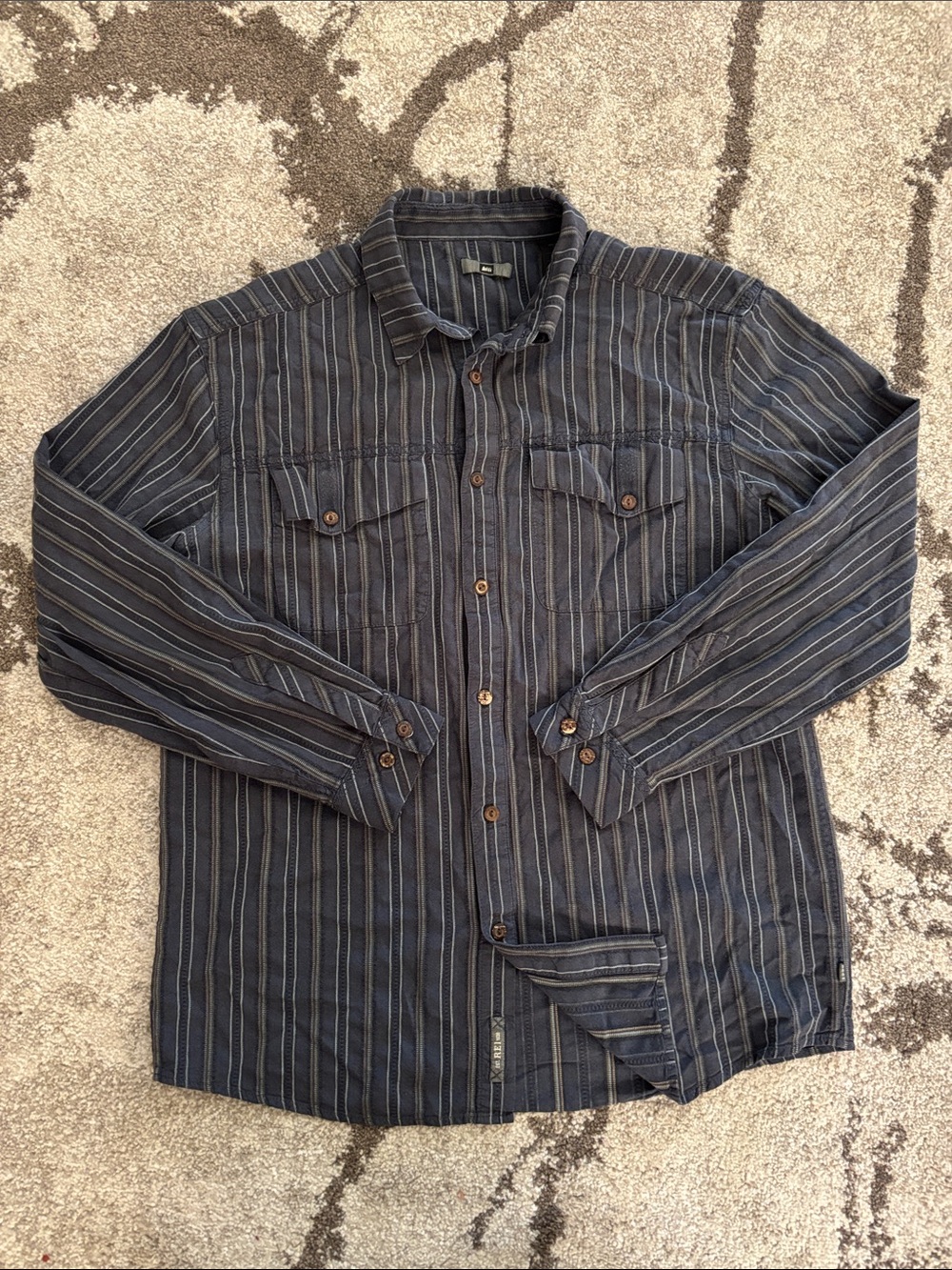 REI Men's Navy Striped Button-Up Short Sleeve Casual Shirt - Size Large